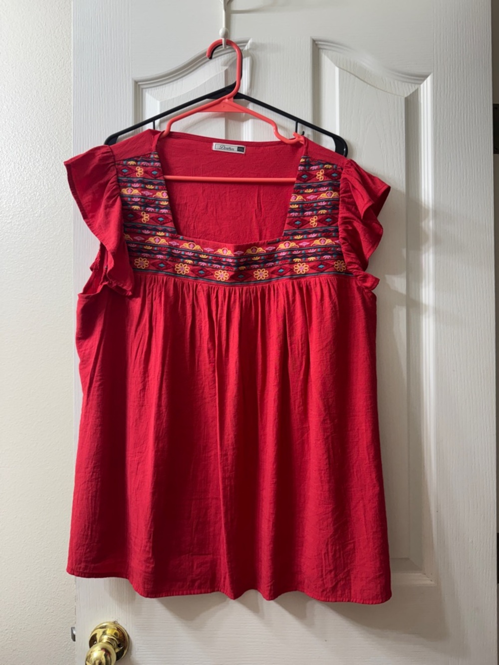 Red Embroidered Flutter Sleeve Women's Top